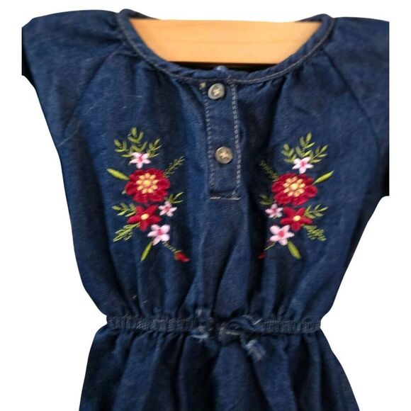 Girls Embroidered Denim Tunic Dress With Button Details & Elastic Waist - Size 4 - Picture 2 of 8